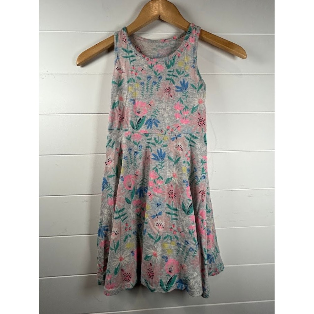 Jumping Beans Girls Floral Dragonfly Skater Dress Gray Pink Blue Sz 7 Sleeveless